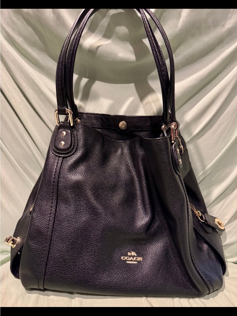 Coach Edie 31- Black Pebbled Leather Shoulder Bag with Gold Hardware